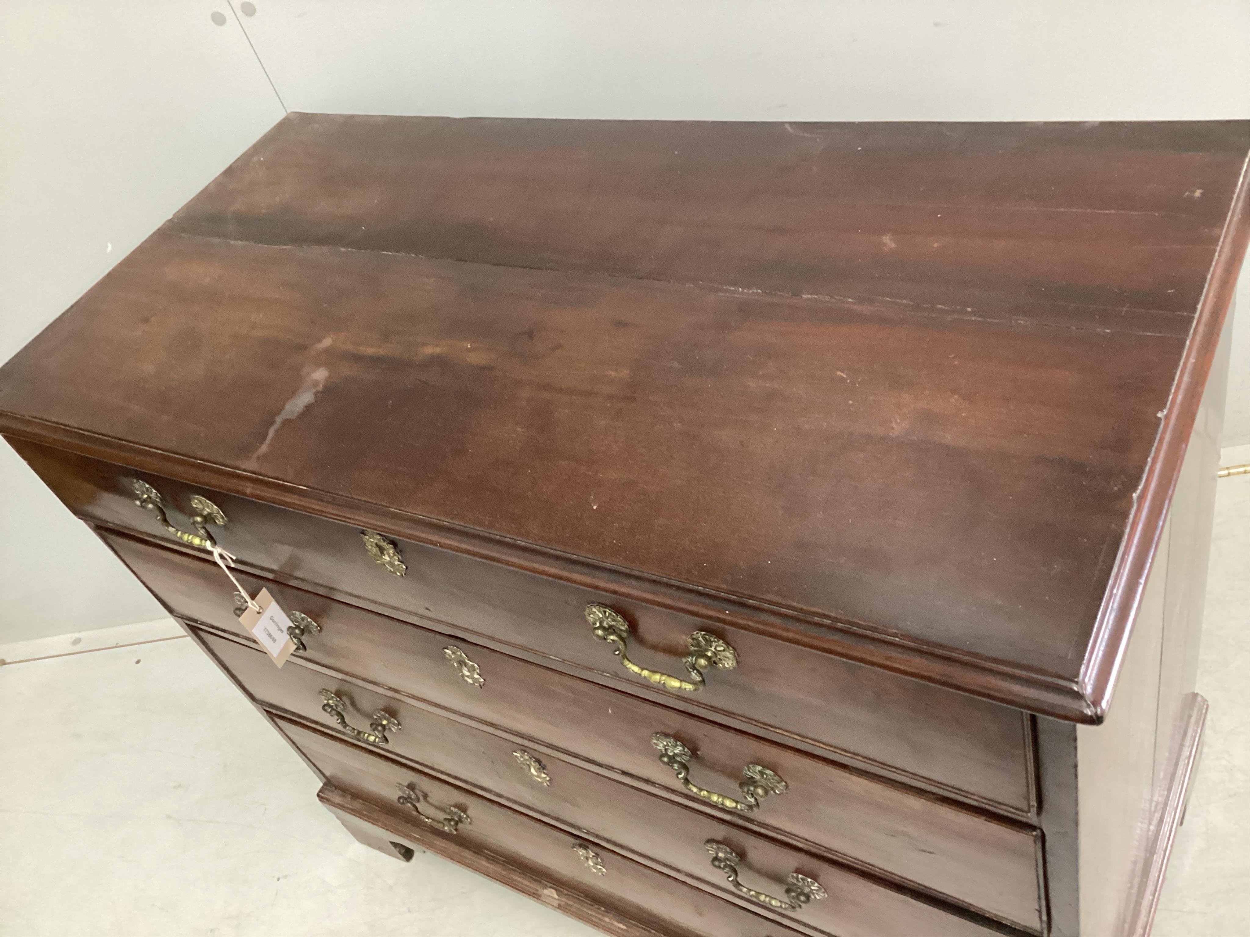A George III mahogany chest of four drawers, width 94cm, depth 46cm, height 81cm. Condition - poor to fair